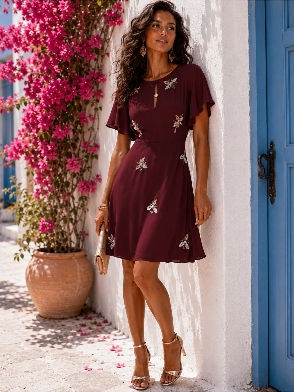 MOULINETTE SOEURS x ANTHROPOLOGIE Burgundy Embroidered Beaded Firefly Midi Dress